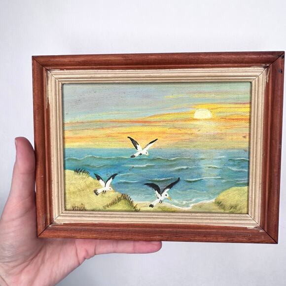 Artist Painted Beach Scene with Seagulls Sunset Waves Beach Grass Colorful - Picture 1 of 6
